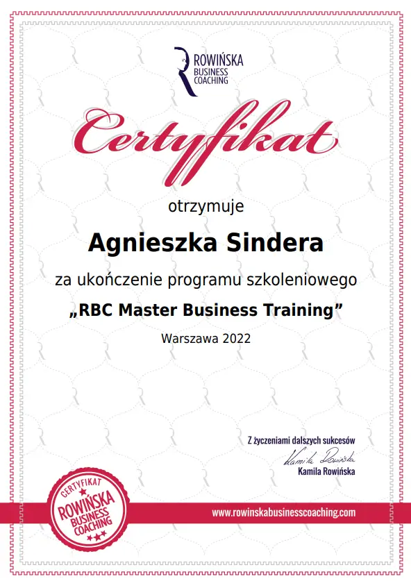 certyfikat agnieszka sindera reklamy fb meta ads RBC master business training