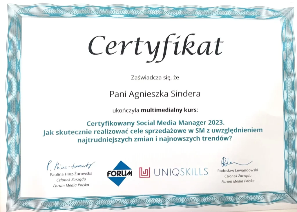 certyfikat agnieszka sindera reklamy fb meta ads certyfikowany social media manager
