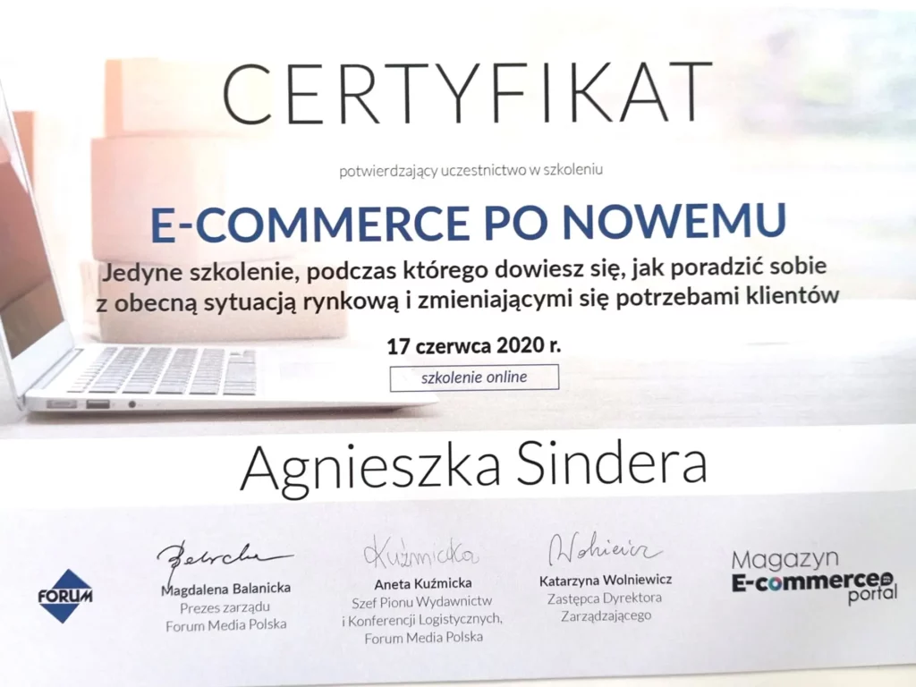 certyfikat agnieszka sindera reklamy fb meta ads ecommere po nowemu