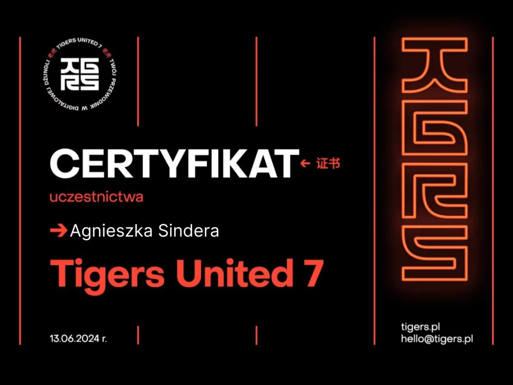 certyfikat agnieszka sindera reklamy fb meta ads tigers united 7